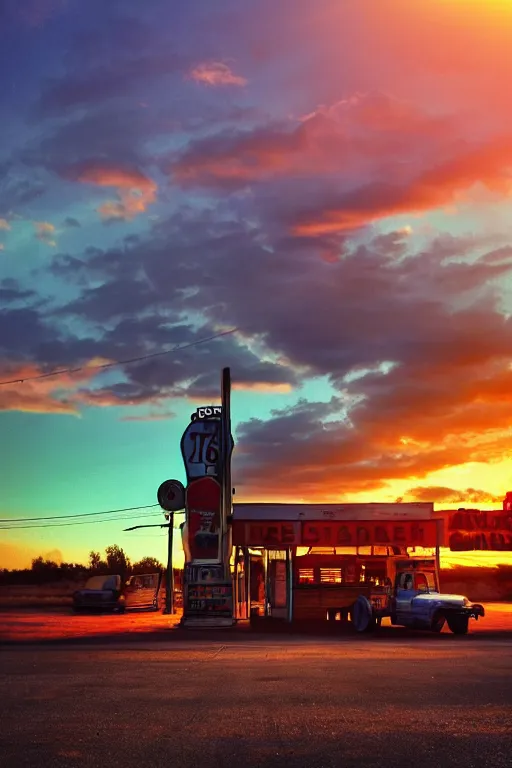 Image similar to a sunset light landscape with historical route 6 6, lots of sparkling details and sun ray ’ s, blinding backlight, smoke, volumetric lighting, colorful, octane, 3 5 mm, abandoned gas station, old rusty pickup - truck, beautiful epic colored reflections, very colorful heavenly, softlight