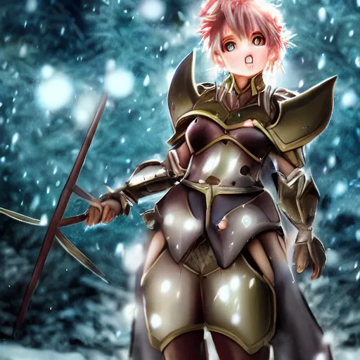 Prompt: portrait focus of knight beautiful 3D anime girl, poring armor wearing, dark forest background, snowing, bokeh, inspired by Masami Kurumada, digital painting, high contrast, unreal engine render, volumetric lighting, high détail