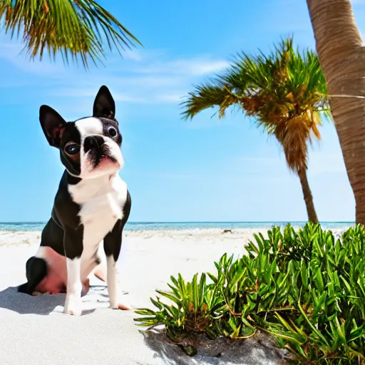 Image similar to Boston Terrier sitting on a beach on a sunny day, sky is blue, palm trees are on the beach