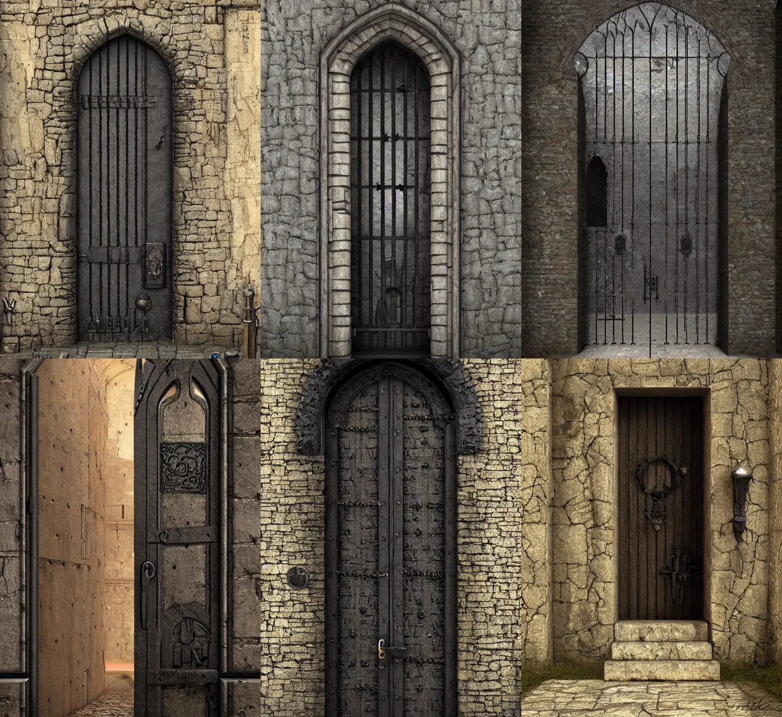 Prompt: medieval door with black steel bars and black knobs, unreal engine, greg rutkowski, detailed and intricate environment
