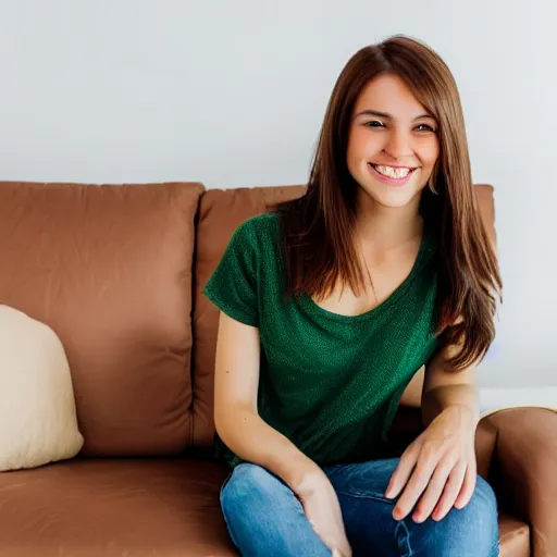 Image similar to a cute young woman smiling, long shiny bronze brown hair, full round face, green eyes, medium skin tone, light cute freckles, smiling softly, wearing casual clothing, relaxing on a modern couch, interior lighting, cozy living room background, medium shot, mid-shot, soft focus