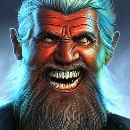 Image similar to bright, colorful, realistic, detailed from Elder Scrolls: Shivering isles concept art of The Mad God Sheogorath with a madsmile, combed white short beard and slicked back white hair backlighting, kodachrome, high contrast, highly detailed, sharp focus, digital painting, concept art, illustration, trending on artstation, comic book by Alex Ross and Adam Adamowicz cover art