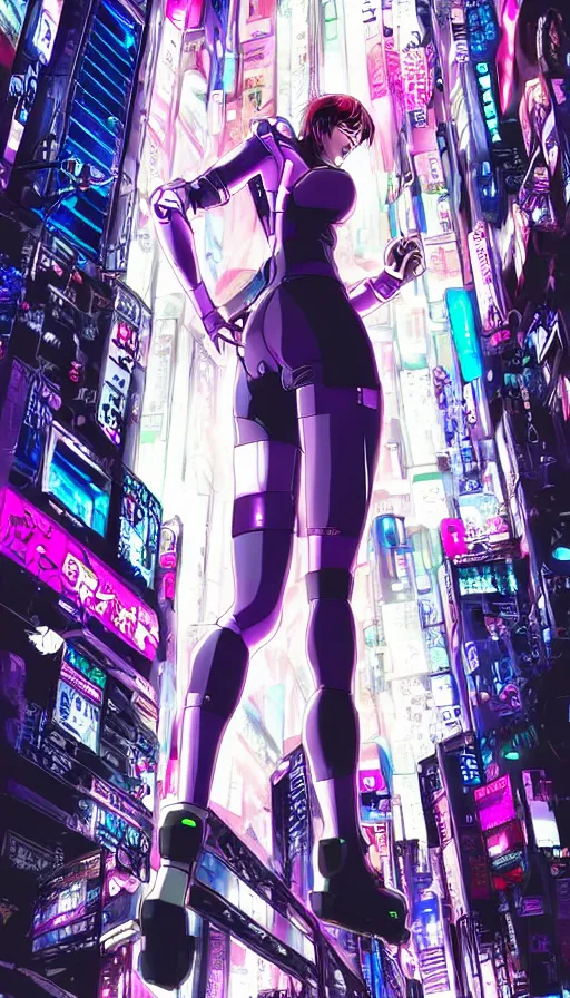 Prompt: mokoto kusanagi from ghost in the shell running in cyberpunk tokyo by night, digital hand drawing and coloring, anime style, highly detailed, neons lights