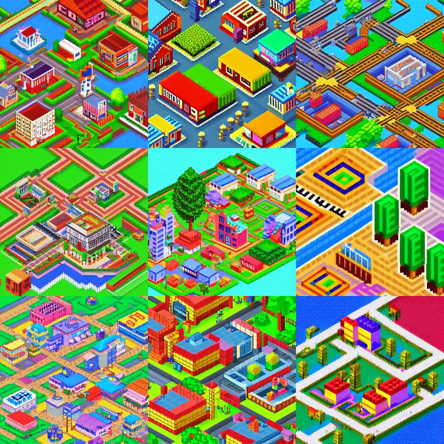 Prompt: 32-bit pixel art of isometric town, very colorful, 4k, trending on twitter