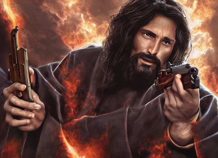 Image similar to real life photo of confident Jesus Christ holding a gun shooting the leader of Hell the Devil Hades, 8k, hyperrealistic, very detailed, clean, professional photography, epic composition, side profile, high contrast, sharp, upscaled, god rays, photorealistic render