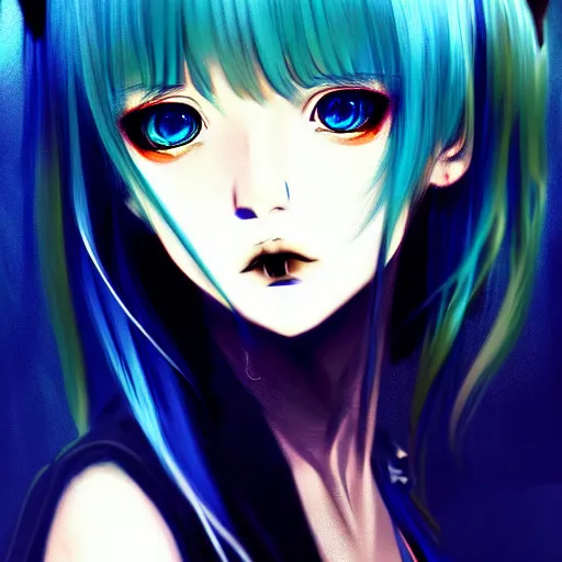 Image similar to gold eyes, long blue hair, anime girl, bangs, gothic, anime character, noir, screenshot, anime, sharp focus, intricate, illustration, cell shaded, digital painting, highly detailed, concept art, matte, art by ilya kuvshinov, wlop, greg rutkowski, studio quality, james jean, artem demura