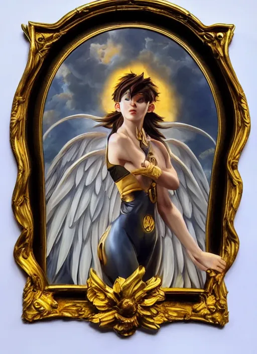 Image similar to full body oil painting of tracer overwatch in the style of evelyn de morgan, angel wings, dramatic painting, symmetrical composition, wearing gold detailed choker, golden chains, detailed face and eyes,