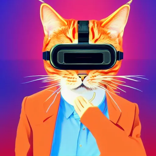 Image similar to cat wearing vr goggles, vaporwave poster illustration, artstation trending