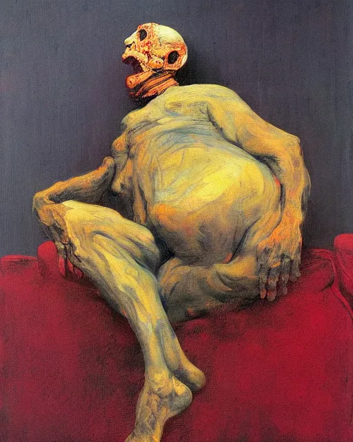 Image similar to thick expressionist acrylic painting of an old dead figure sitting on a couch ,  Beksinski painting, part by Francisco Goya and Gerhard Rich⁷⁷ter. art by James Jean, Francis Bacon masterpiece