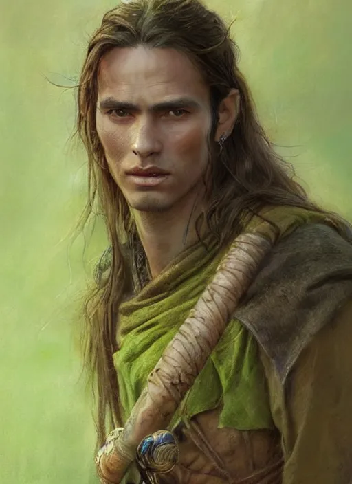 Image similar to a shaman in his twenties with long light brown hair tied back, light green eyes, a large forehead, a widows peak and a round face with high cheekbones as a realistic d & d fantasy character, portrait art by donato giancola and greg rutkowski, vintage retro, realistic face, digital art, trending on artstation