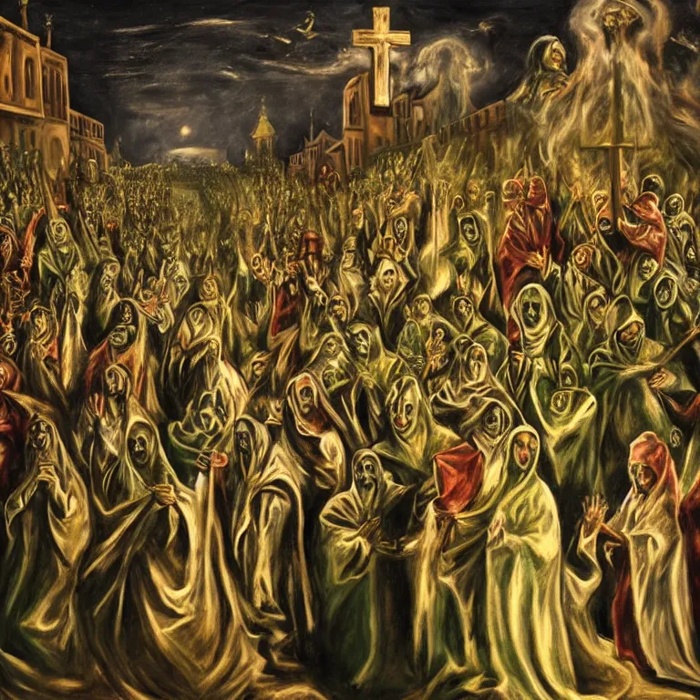 Prompt: A Holy Week procession of souls in a Spanish green village at night. A figure at the front holds a cross, trending on artstation, highly detailed, 50mm, by El Greco, Remedios Varo y Salvador Dali.