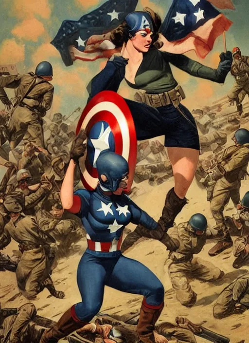 Image similar to beautiful female captain america standing on a pile of defeated german soldiers. feminist captain america wins wwii. boot on hitler's head. american wwii propaganda poster by james gurney