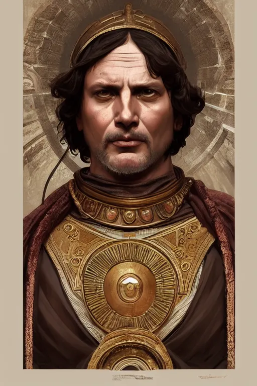 Image similar to ancient rome emperor, realistic portrait full body, symmetrical, highly detailed, digital painting, artstation, concept art, smooth, sharp focus, illustration, cinematic lighting, art by artgerm and greg rutkowski and alphonse mucha