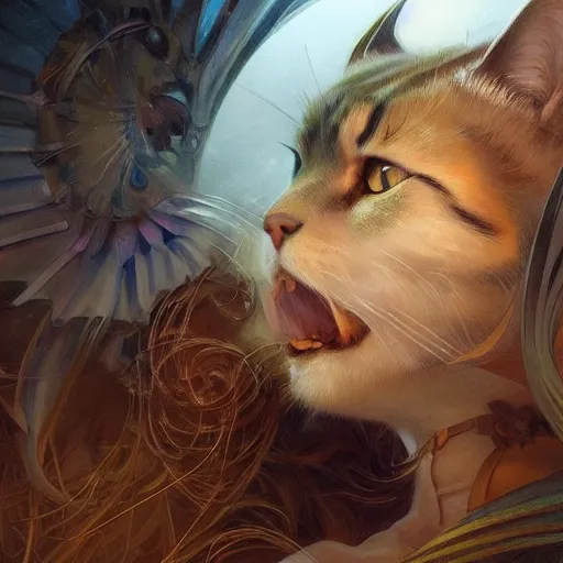 Image similar to beautiful cat, closeup, d & d, fantasy, intricate, elegant, highly detailed, digital painting, artstation, concept art, matte, sharp focus, illustration, art by artgerm and greg rutkowski and alphonse mucha