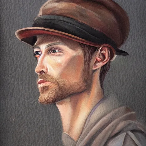 Image similar to a painting of a man with a hat on his head, a character portrait by nina tryggvadottir, trending on deviantart, fantasy art, official art, d & d, detailed painting