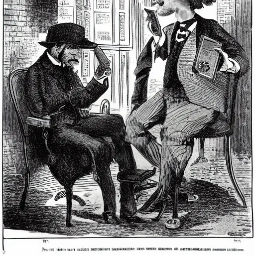 Prompt: 1884 cartoon from Punch magazine about cell phones and the internet