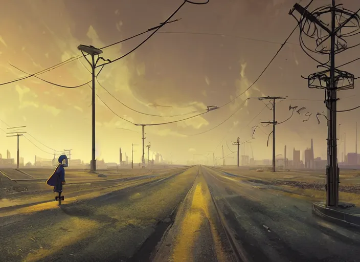 Prompt: a long road leading to a large postcyberpunk city on the horizon in the distance. Gas street lamps. Fields on the sides of, the road, desolate. digital illustration, very vibrant colors, soft lighting, adventurous, atmospheric lighting, 8K, octane render. By Makoto Shinkai, Stanley Artgerm Lau, WLOP, Rossdraws, James Jean, Andrei Riabovitchev, Marc Simonetti, krenz cushart, Sakimichan, D&D trending on ArtStation, digital art.