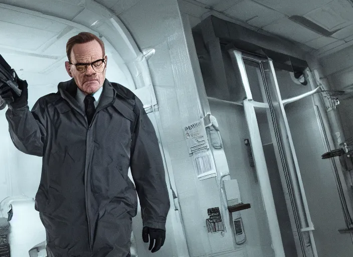 Image similar to film still of Brian Cranston as real Gordan Freeman in the Half Life Movie, 4k