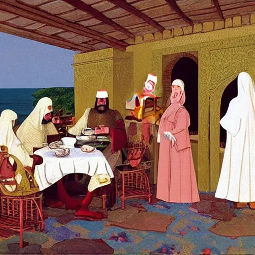 Image similar to ' a medieval turkish nobleman takes breakfast at his coastal manor with his family '. painting by angus mcbride, art with high fidelity realistic textures and figures.