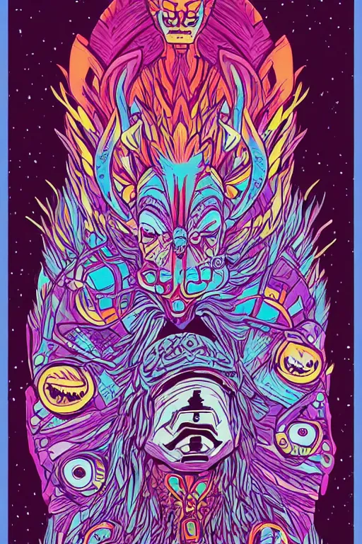 Image similar to totem animal mask tribal feather gemstone plant wood rock shaman vodoo video game vector cutout illustration vivid multicolor borderlands comics by josan gonzales and dan mumford radiating a glowing aura