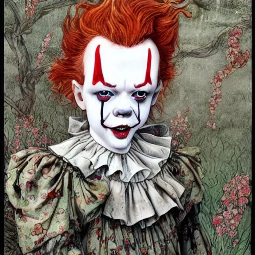 Image similar to Sadie Sink as Pennywise from IT portrait painted in Frank frazzeta style drawn by Vania Zouravliov and Takato Yamamoto, inspired by Fables, intricate acrylic gouache painting, high detail, sharp high detail, manga and anime 2000