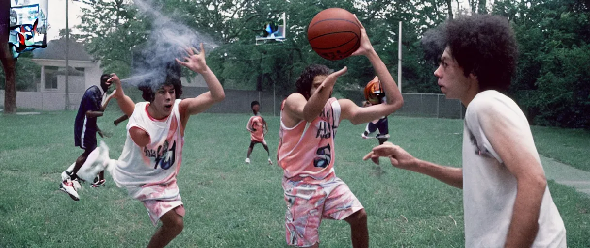 Image similar to award winning photo of todd solondz playing basketball in the hood and smoking weed, vivid colors, happy, symmetrical face, beautiful eyes, studio lighting, wide shot art by sally mann & arnold newman, francis bacon, ewa juszkiewicz, jenny saville, yayoi kusama, ai weiwei and gregory crewdson