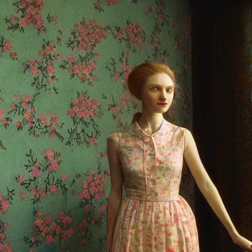 Image similar to close - up of a beautiful flowery girl in an soviet golden liminal abandoned room, film still by wes anderson, depicted by balthus, limited color palette, very intricate, art nouveau, highly detailed, lights by hopper, soft pastel colors