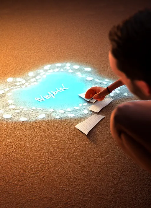 Image similar to realistic detailed image of a white-spotted octopus sand-writing a list of names at night, cinematic, hyper realism, high detail, octane render, unreal engine, 8k, extremely detailed, 8k.