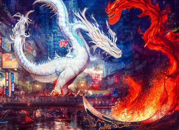 Prompt: luxurious white viking dragon destroying the dotonbori during sakura season with intense destructive royal blue fire, by greg rutkowski, james jean, peter mohrbacher, rule of thirds, sigma look, beautiful, intricate, majestic, award winning