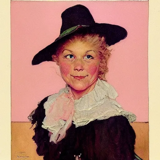 Image similar to Frontal portrait of a pink witch. A painting by Norman Rockwell.