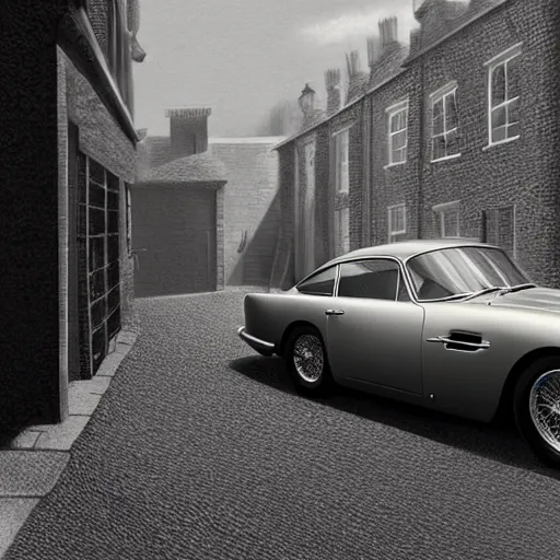 Prompt: a pencil sketch of anaston martin db 5, in a rich london mews residential street, medium range, studio ghibli, ( pixar ) and disney animation, sharp, very detailed, unreal engine 5 render, bloom, high resolution, anime key art by greg rutkowski