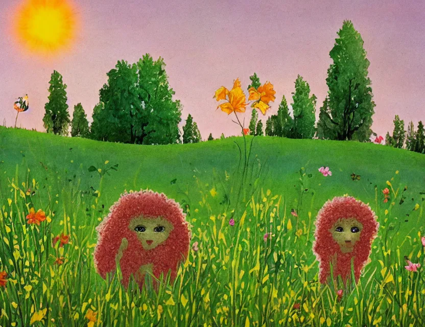 Image similar to feral chia pet in the meadow. russian fairytale art, gouache, dynamic composition, backlighting