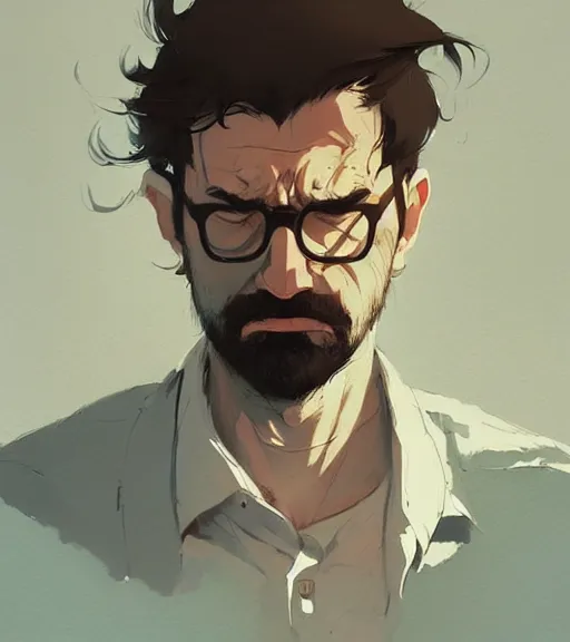 Prompt: portrait of a researcher, brooding look, paper folder in hand, disheveled hair, by atey ghailan, by greg rutkowski, by greg tocchini, by james gilleard, by joe fenton, by kaethe butcher, dynamic lighting, gradient light blue, brown, blonde cream and white color scheme, grunge aesthetic