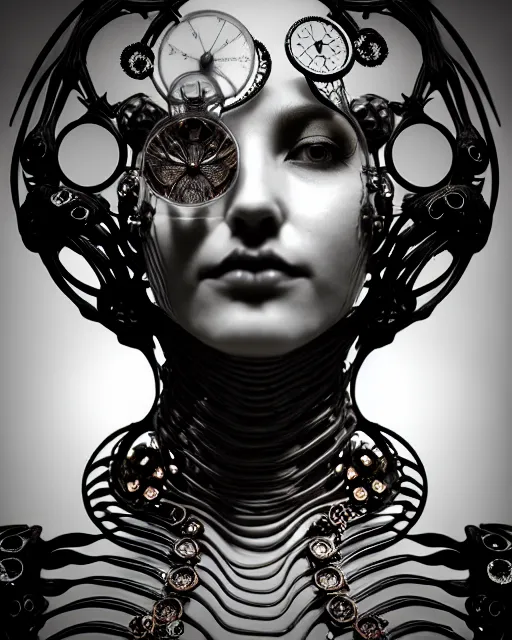 Image similar to mythical dreamy black and white organic bio - mechanical spinal ribbed profile face portrait detail of translucent steampunk beautiful female angelic - human - queen - vegetal - cyborg, highly detailed, intricate crystal ivy jelly ornate, poetic, translucent roses ornate, 3 d render, digital art, octane render, 8 k artistic photography, photo - realistic, by dora maar