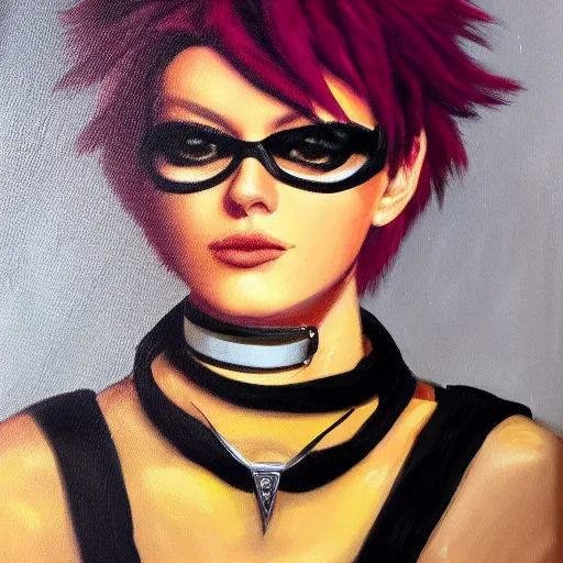 Image similar to oil painting of punk looking tracer wearing steel choker,