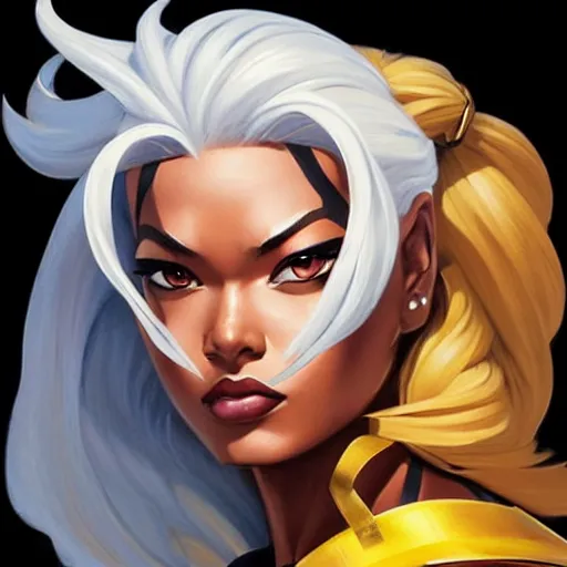 Image similar to greg manchess portrait painting of partially armored ororo munroe alias storm as overwatch character, medium shot, asymmetrical, profile picture, organic painting, sunny day, matte painting, bold shapes, hard edges, street art, trending on artstation, by huang guangjian and gil elvgren and sachin teng