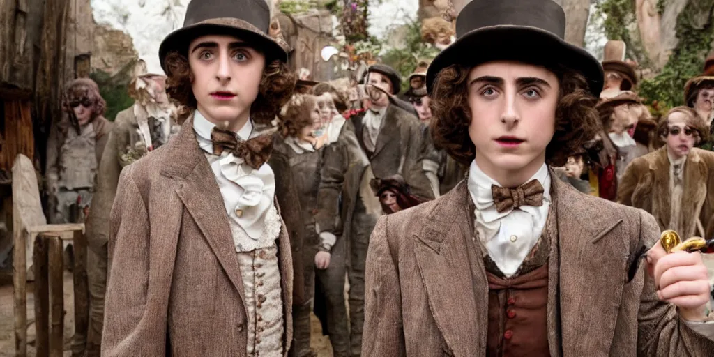 Prompt: film still of Timothée Chalamet as Willy Wonka in new Willy Wonka movie, 4k