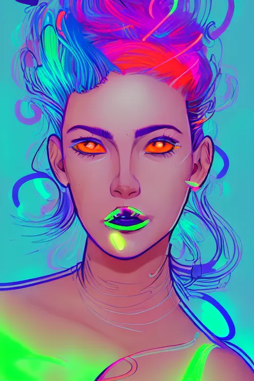 Image similar to a award winning portrait of a beautiful woman with stunning eyes in a one off shoulder crop top and cargo pants with rainbow colored hair, outlined by whirling illuminated neon lines and fine lines swirling in circles by greg tocchini, digital art, trending on artstation