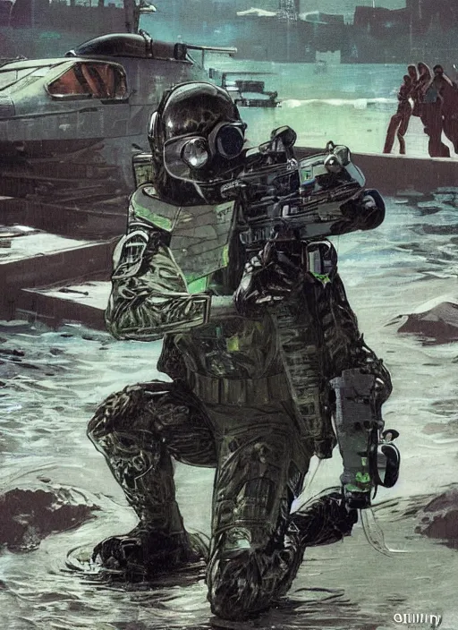 Prompt: Chidi. USN blackops operator emerging from water at the shoreline. Operator wearing Futuristic cyberpunk tactical wetsuit and looking at an abandoned shipyard. Frogtrooper. rb6s, MGS, and splinter cell Concept art by James Gurney, Alphonso Mucha. Vivid color scheme.