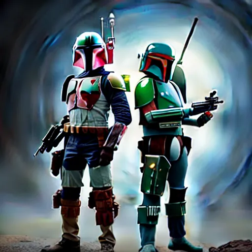 Image similar to boba fett and mandalorian standing proudly shoulder to shoulder ultra realistic, lens flare, atmosphere, glow, detailed, intricate, full of colour, cinematic lighting, trending on artstation, 4 k, hyperrealistic, focused, extreme details, unreal engine 5, cinematic, masterpiece, ultra realistic, hyper realistic, highly detailed, sharp focus, digital art