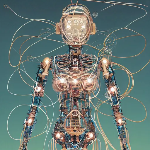 Image similar to a beautiful body of a bot pilot woman mostly made of wires and electronic circuits, an ultrafine detailed illustration by james jean, final fantasy, intricate linework, bright colors, behance contest winner, vanitas, angular, altermodern, unreal engine 5 highly rendered, global illumination, radiant light, detailed and intricate environment