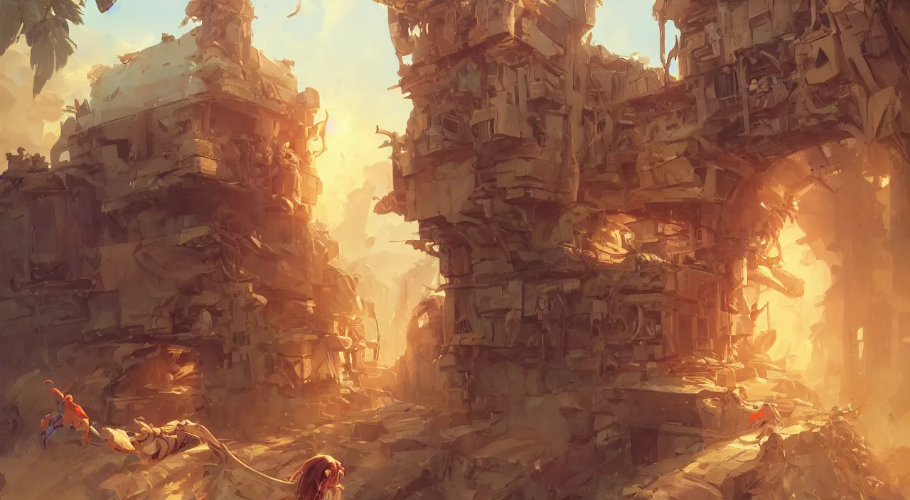 Image similar to open door wood wall fortress greeble block amazon jungle vanillaware post - processing illustration wide angle action dynamic portrait official fanart behance hd artstation by jesper ejsing, by rhads, makoto shinkai and lois van baarle, ilya kuvshinov, rossdraws