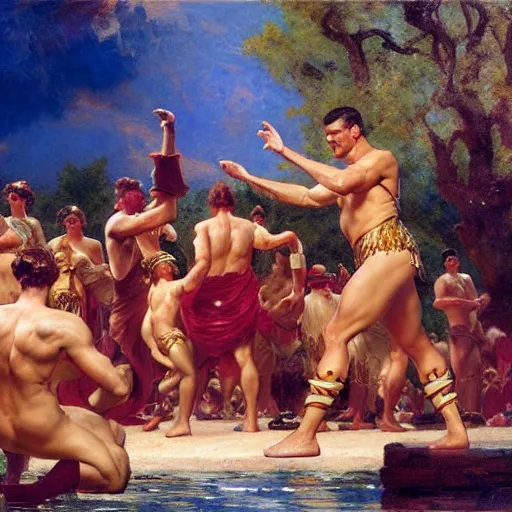 Image similar to hercules performs the ymca dance at a toga party matte painting gaston bussiere, craig mullins, j. c. leyendecker