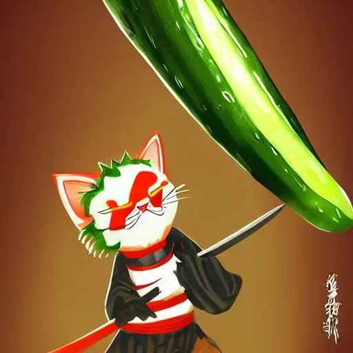 Prompt: a cat dressed like a samurai slicing a giant cucumber with a sword, digital art, artstation cgsociety masterpiece