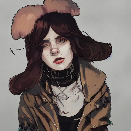 Prompt: highly detailed portrait of a sewer punk lady, tartan hoody, white ringlet hair by atey ghailan, by greg rutkowski, by greg tocchini, by james gilleard, by joe fenton, by kaethe butcher, gradient peach, brown, blonde cream and white color scheme, grunge aesthetic!!! ( ( graffiti tag wall background ) )