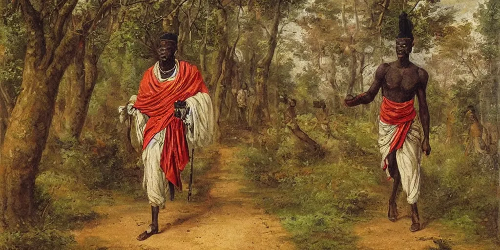 Image similar to ashanti soldier wearing a toga with african print. he is walking through the forest. romanticist painting