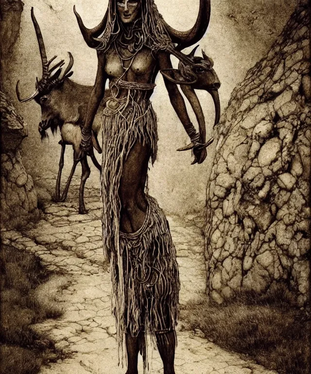 Image similar to A detailed horned antelopewoman stands by the medieval village. Wearing a ripped mantle, robe. Perfect faces, extremely high details, realistic, fantasy art, solo, masterpiece, art by Zdzisław Beksiński, Arthur Rackham, Dariusz Zawadzki