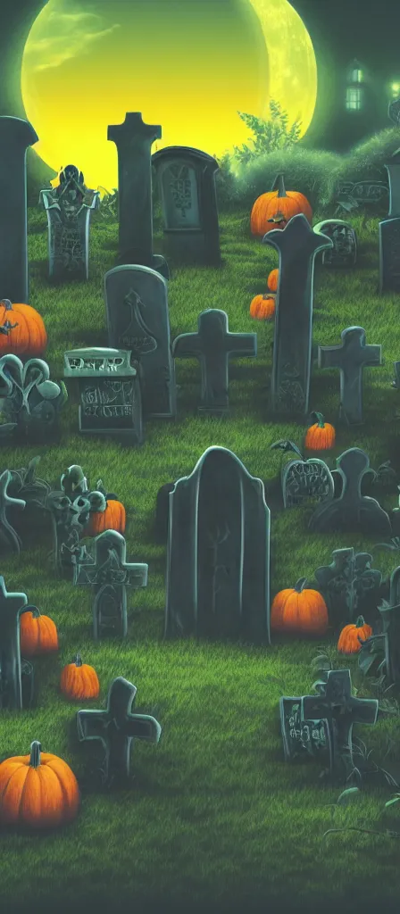 Image similar to a detailed matte painting of a muted skullwave vaporwave ombre. a small creepy garden at night with cross - shaped tombstone and pumpkins.