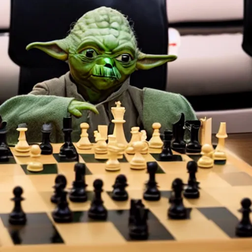 Prompt: photo of yoda playing chess against putin