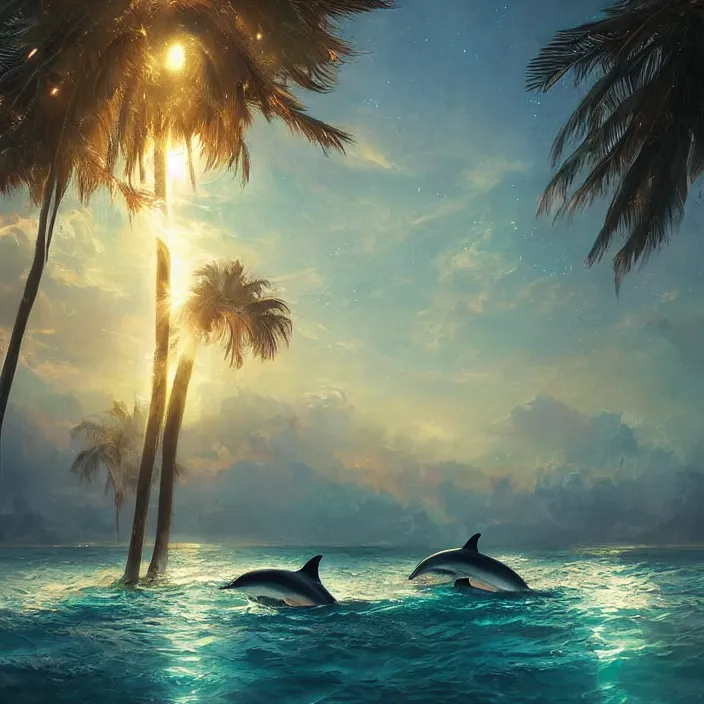 Image similar to dolphins swimming, golden hour, god rays, dreamscape by artgerm and ruan jia and ismail inceoglu and greg olsen, palm trees, cosmos, milky way galaxy, masterpiece, beautiful, intricate, elegant, highly detailed